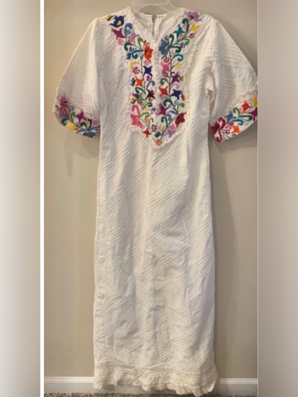 Handmade VTG Mexican Embroidered Lace Crochet Cotton Maxi Dress